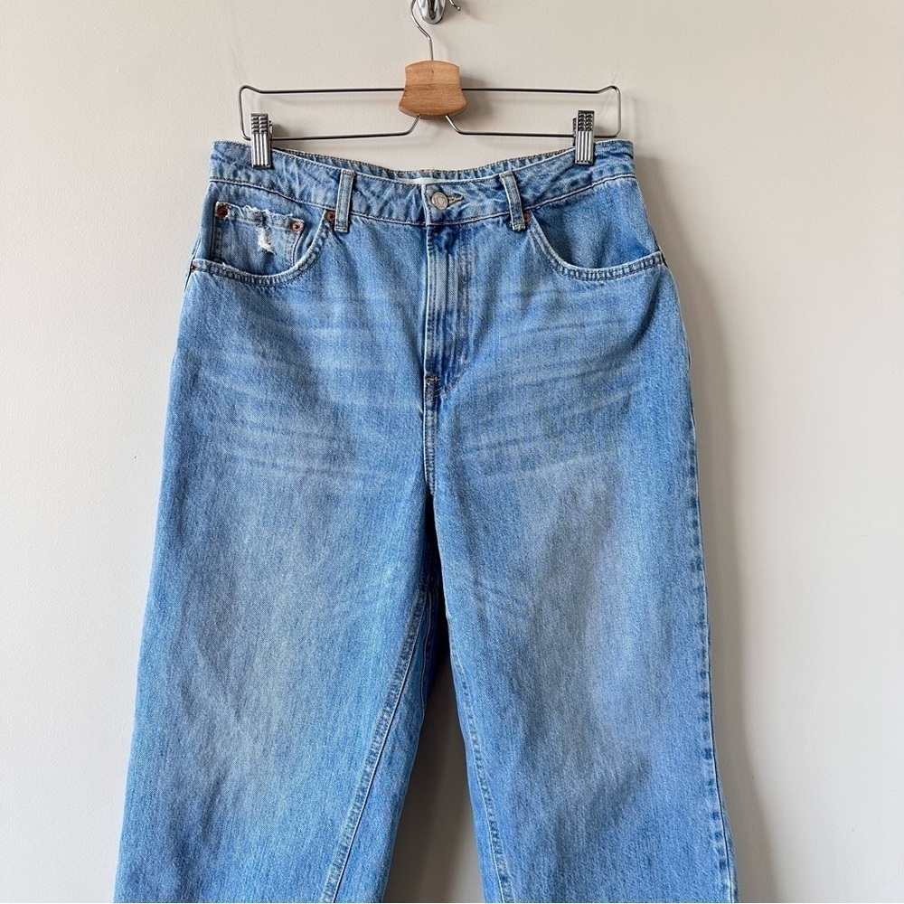 Topshop-Moto High Rise Medium Wash Wide Leg Raw Hem Jeans - Picture 5 of 12